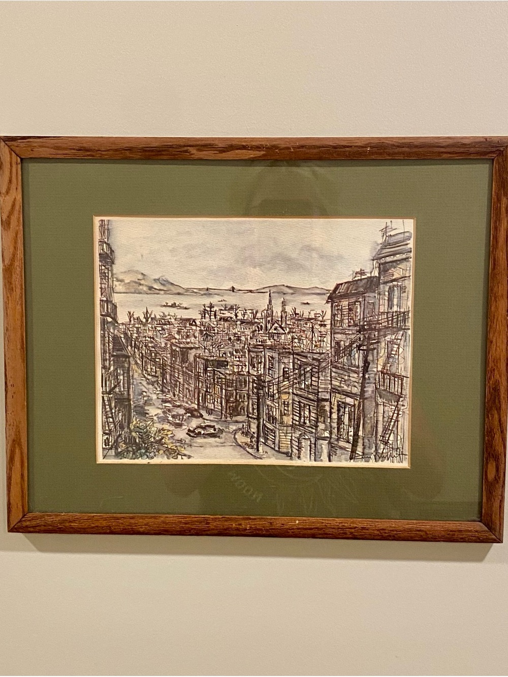 Guy Buffet Framed Cityscape Sketch/ watercolor Olive Green Mat